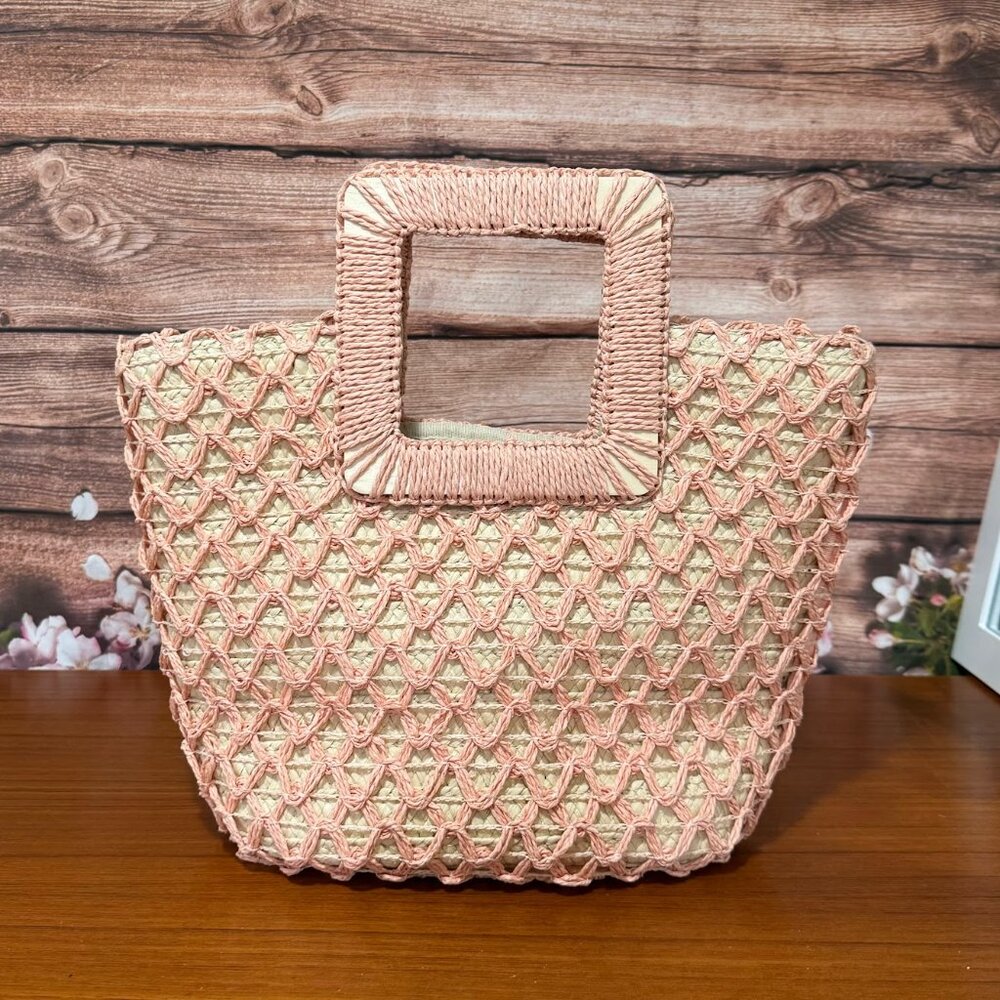 A New Day Paper Straw Handheld Small Tote Handbag Pink/Natural - Picture 3 of 8